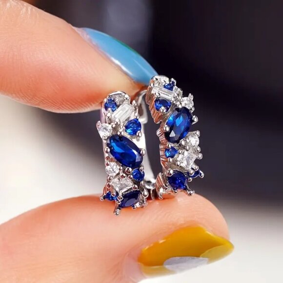 925 Silver Womens 1ct Diamond 2ct Blue Sapphire Gemstone Small Hoop Earrings NEW - Picture 2 of 7